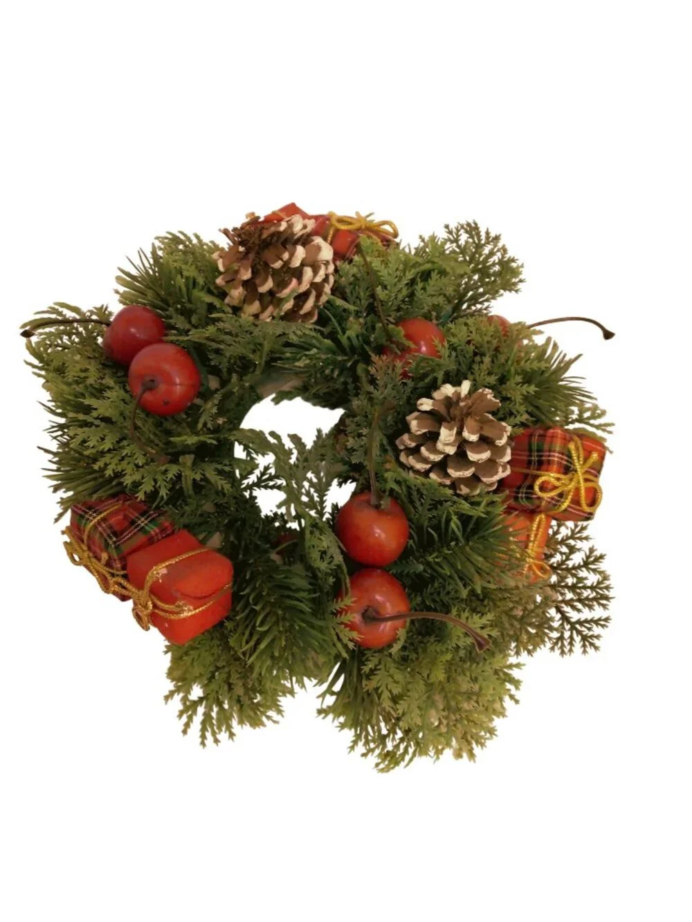 Pillar Candle Ring Green Pine cone Needles Apples Wrapped Gifts